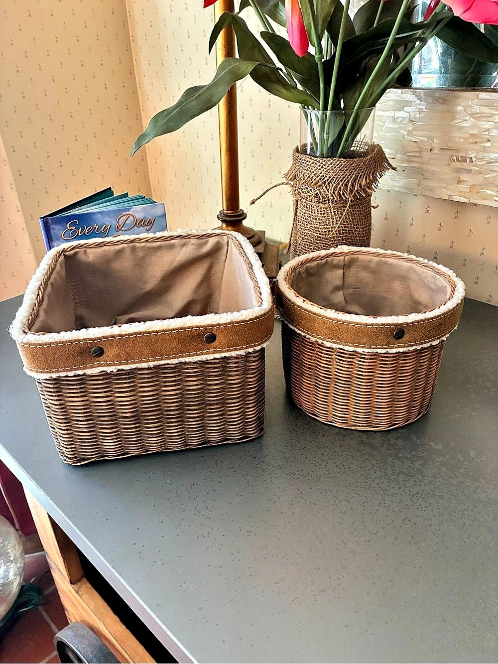 2 Baskets, 1 Round 7 inch diameter 5 tall and 1 Square 8.5 diameter and 5.5 tall